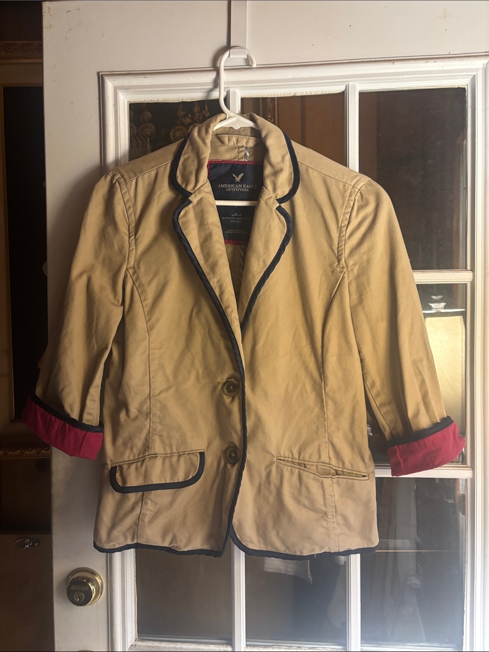American Eagle Outfitters Tan Blazer with Black Piping and Pink Lining